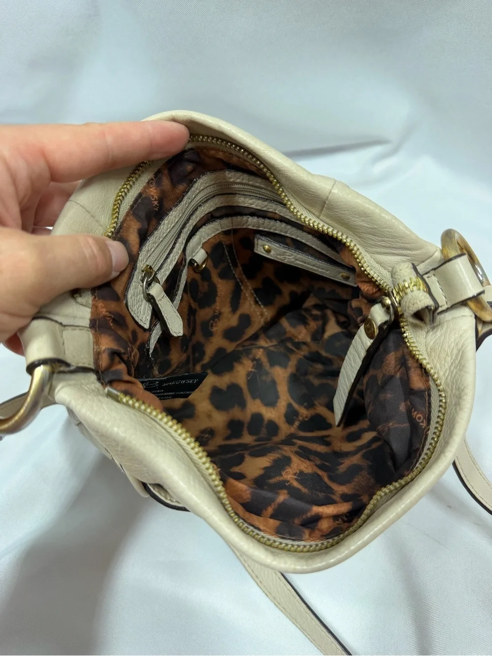 B Makowsky | Leather Crossbody Cream Beige Gold Bag Purse Buckle
